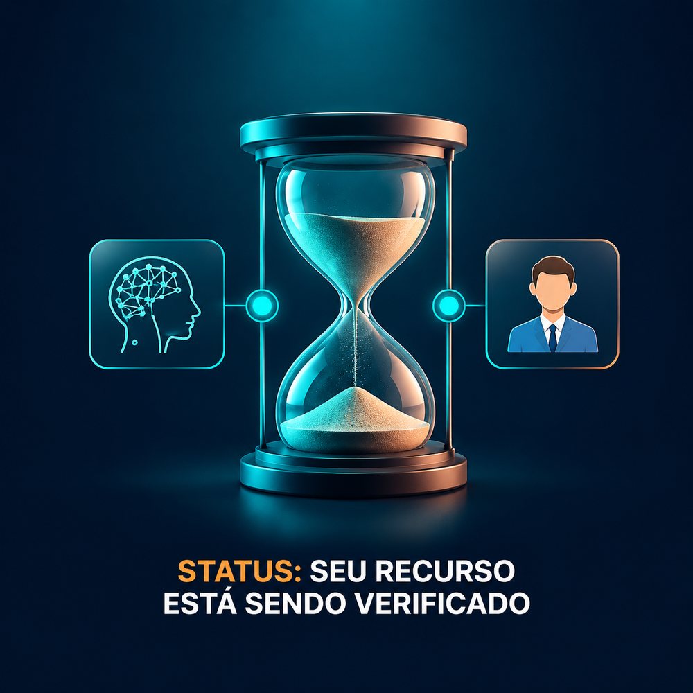 Ampulheta entre um ícone de análise e um ícone de atendente
