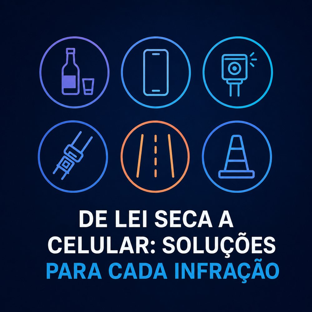 Ícones de infrações: bebida, celular, radar, cinto, faixa e cone