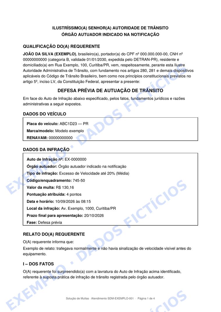 Primeira página de uma defesa prévia de exemplo, com qualificação, veículo e autuação