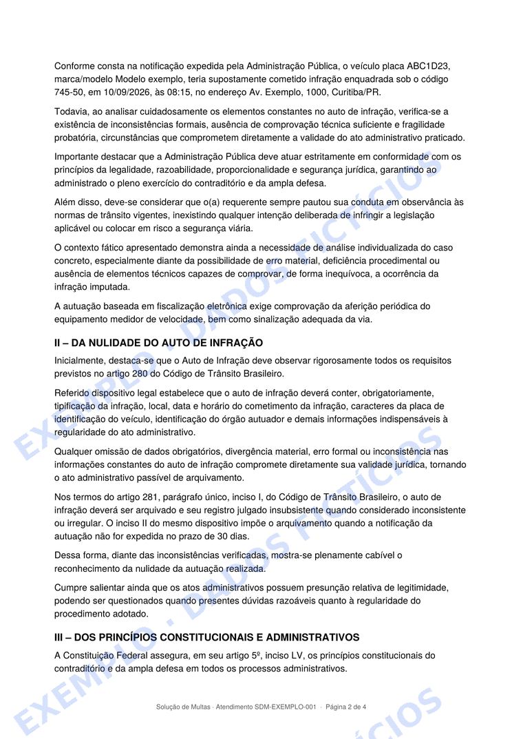 Segunda página do exemplo, com razões de procedimento e razões específicas da infração