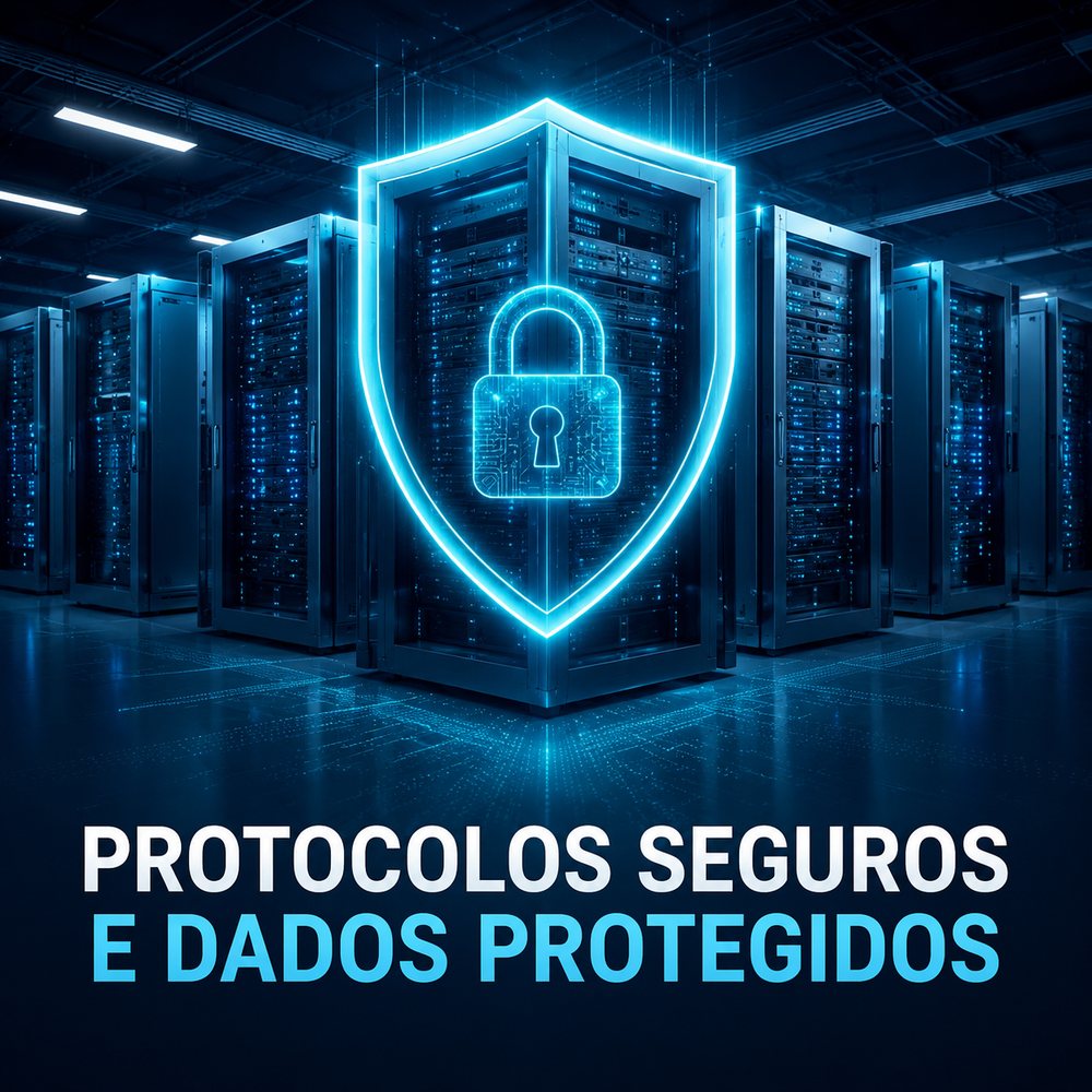 Escudo com cadeado sobre servidores, representando proteção de dados